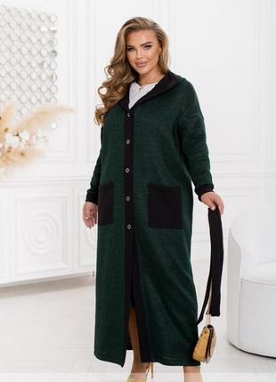Кардиган женский длинный макси, с капюшоном, с карманами, с поясом, батал, зеленый2 фото