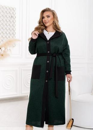 Кардиган женский длинный макси, с капюшоном, с карманами, с поясом, батал, зеленый