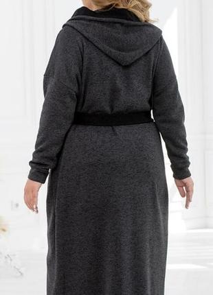 Кардиган женский длинный макси, с капюшоном, с карманами, с поясом, батал, темно серый графит4 фото
