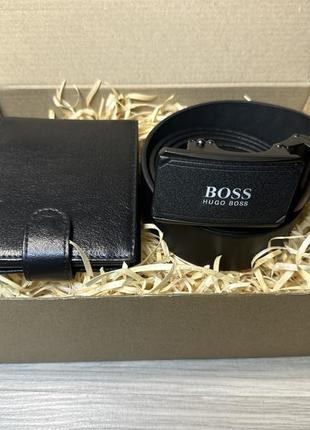 Подарочный набор кожаный кошелек ремень автомат hugo boss хьюго босс подарок любимому парню мужу1 фото