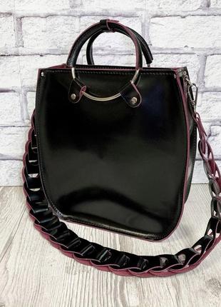 Жіноча шкіряна сумка, чорний глянець марсала 17101 фото