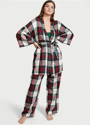 Жіноча піжама костюм для дому сорочка топ штани victoria's secret flannel 3-piece set white green plaid