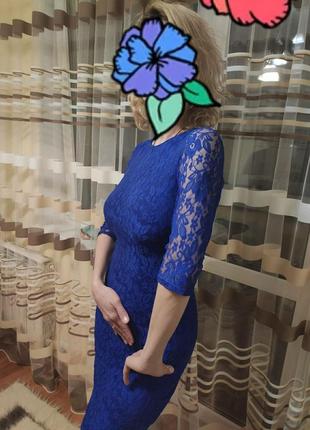 Гепюровое приталенное синее платье3 фото