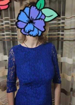 Гепюровое приталенное синее платье4 фото