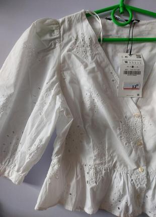 Белая хлопковая блузка прошва ришелье zara с баской6 фото
