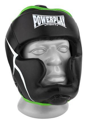 Боксерский шлем тренировочный закрыт спортивный для бокса powerplay pu черно-зеленый xs ve-33