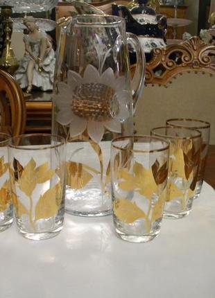 Набор кувшин стаканы 6 шт позолота хрусталь богемия чехословакия №1622 фото