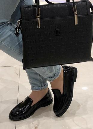Женские лаковые турецкие туфли на низком ходу черные слиперы 15120 corta mussi 29555 фото