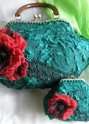 Авторський валяне сумка і косметичка ,, червоний мак"