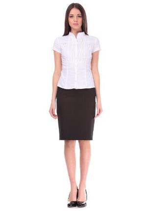 Блуза белая офисная с коротким рукавом, воротник-стойка р1013 фото