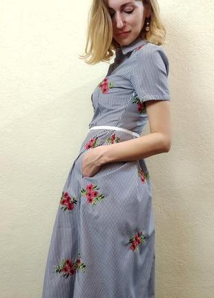 Літнє вишите плаття міді в смужку з кишенями п2086 фото