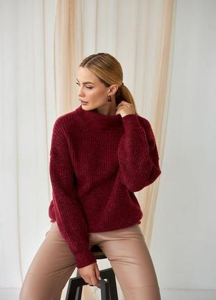 Женский теплый шерстяной вязанный свитер с воротом стойкой цвета марсала. модель 25236 фото