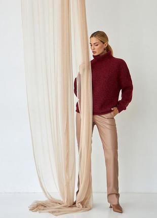 Женский теплый шерстяной вязанный свитер с воротом стойкой цвета марсала. модель 25235 фото