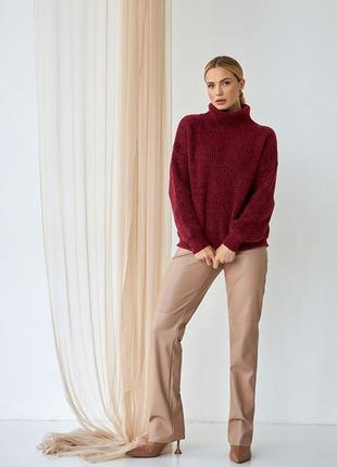 Женский теплый шерстяной вязанный свитер с воротом стойкой цвета марсала. модель 25233 фото