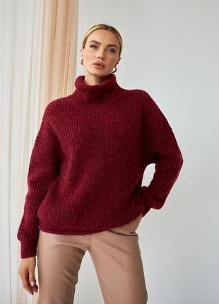 Женский теплый шерстяной вязанный свитер с воротом стойкой цвета марсала. модель 25232 фото