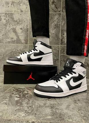 Мужские кроссовки nike air jordan 1 white/black (чёрно-белые) высокие демисезонные кроссы