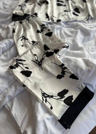 Піжама двійка: сорочка на ґудзиках + штани з шовку принт квіти10 фото