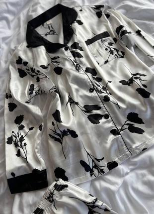 Піжама двійка: сорочка на ґудзиках + штани з шовку принт квіти8 фото