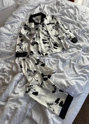 Піжама двійка: сорочка на ґудзиках + штани з шовку принт квіти7 фото