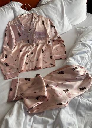 Піжама двійка: сорочка на ґудзиках + штани з шовку принт кролики7 фото