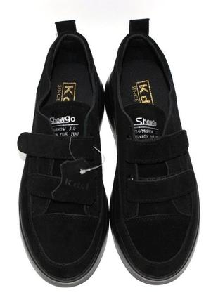 Жіночі кросівки крипери на липучках з натуральної замші чорний5 фото