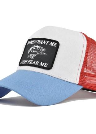 Кепка тракер рыба, fish, (женщины хотят меня-рыбы боятся меня) с сеточкой голубая, унисекс wuke