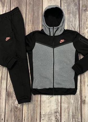 Зимний серий спортивный костюм на флисе nike tech fleece с капюшоном серый зимний костюм nike tech fleece на флисе зимний