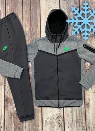Зимний костюм в стиле найк tech fleece качественный на флисе стильный мужской комплект зип худи и штаны найк теплый