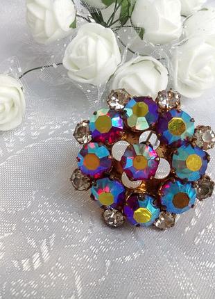 Душанбинский ювелирный завод! ✨💎aurora borealis 1960-е! брошь ссср аврора бореалис крупная советская брошка винтаж яркая бензиновое стекло позолота