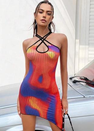 Shein. из англии. платье в принте абстракции с каскадной асимметрией.