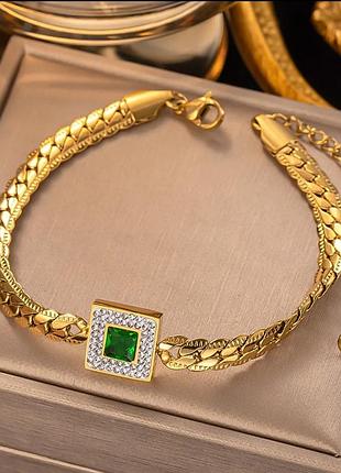 Браслет  с зелёным  камнем  и цирконом