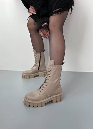 Ботинки - берцы женские, зимние, кожаные, натуральная кожа, натуральный мех, бежевые6 фото