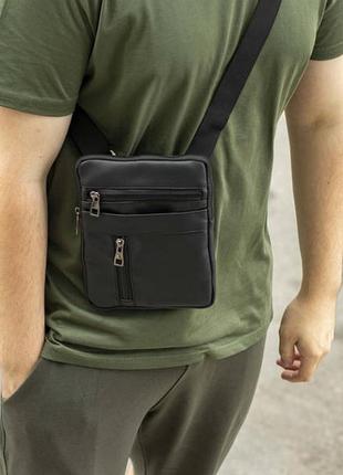 Мужская сумка - мессенджер через плечо purse черная кожаная барсетка на 8 отделений молодежная
