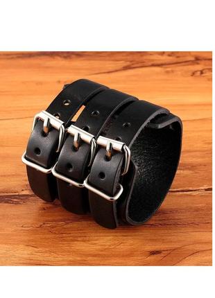 Браслет кожаный с 3-мя металлическими пряжками широкий, унисекс черный