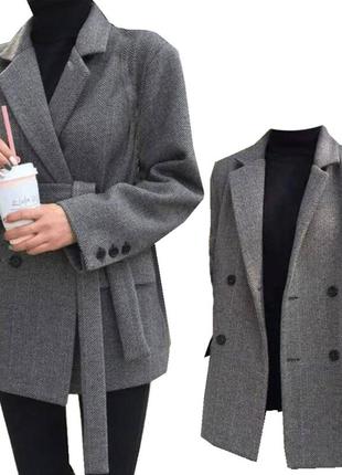 Кашемировое полупальто женское демисезонное блейзер теплое пальто прямого кроя с поясом молодежное 50409