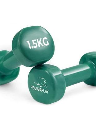 Гантель для фитнеса тренировочная виниловая powerplay 4125 achilles 2*1,5 кг. зеленые (2шт.) ku-22