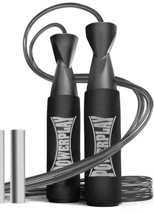 Скакалка тренировочная спортивная скоростная powerplay 4211 x rope с утяжелителем (120г*2) черная (3м.) ku-22