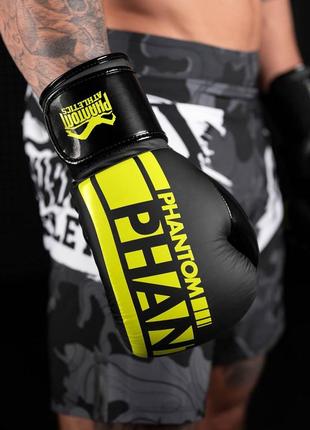 Боксерские перчатки спортивные тренировочные для бокса phantom black/yellow 14 унций (капа в подарок) ku-225 фото