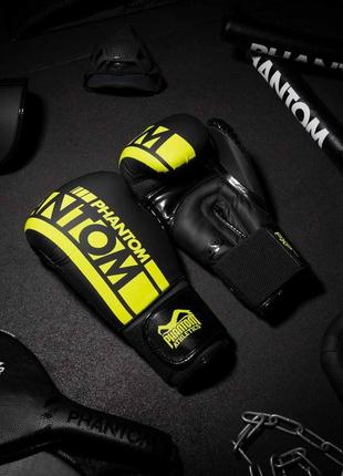 Боксерские перчатки спортивные тренировочные для бокса phantom black/yellow 14 унций (капа в подарок) ku-229 фото