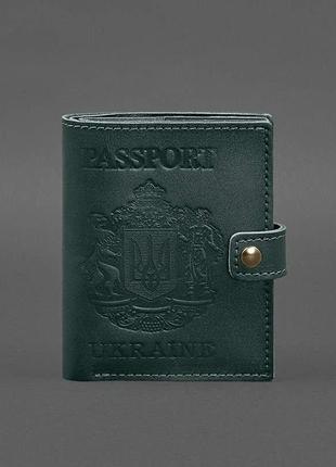 Шкіряна обкладинка-портмоне на паспорт із гербом української зелена 25.01 фото