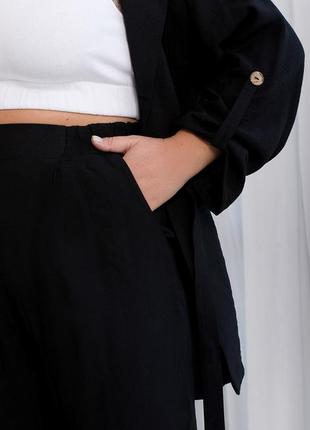 Костюм - двойка женский брючный, блуза - жакет на завязках, брюки с карманами, батал, черный3 фото