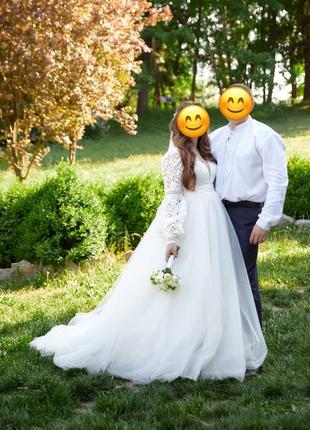 Роскошное свадебное платье с вырезом и узорчатыми рукавами, айвори, ivory3 фото