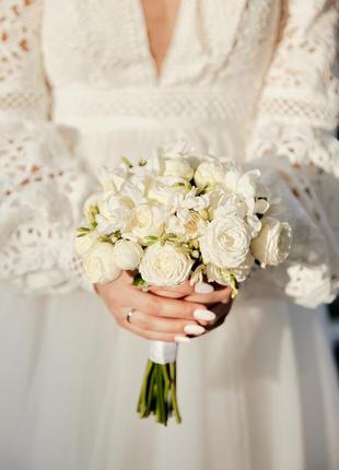 Роскошное свадебное платье с вырезом и узорчатыми рукавами, айвори, ivory6 фото