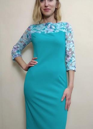 Бирюзовое нарядное платье с гипюром п011 фото