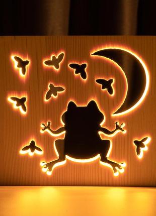 Світильник нічник з дерева led "жаба і цвіркуни" з пультом і регулюванням світла, колір теплий білий