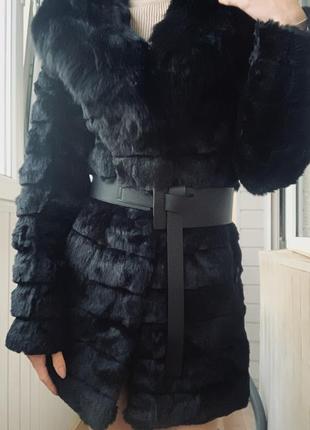 Натуральная шубка полушубок с кролика и песца с капюшоном под пояс