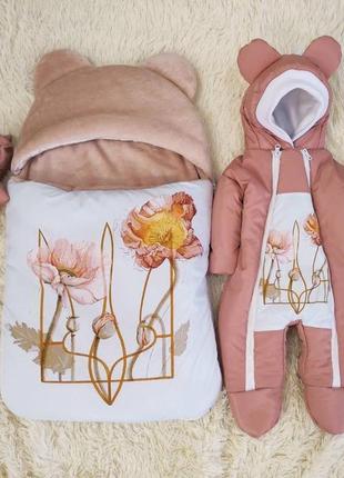 Зимовий комбінезон + конверт спальник для новонародженої дівчинки, принт герб у квітах