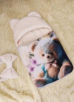 Конверт спальник для новонароджених, принт плюшевий ведмедик