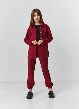 Костюм замшевый рубашка и штаны джоггеры (152 размер) бордовый