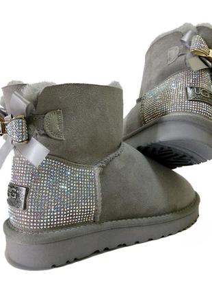 Угги женские серые BUTY ugg australia в стразах натуральный мех, замша